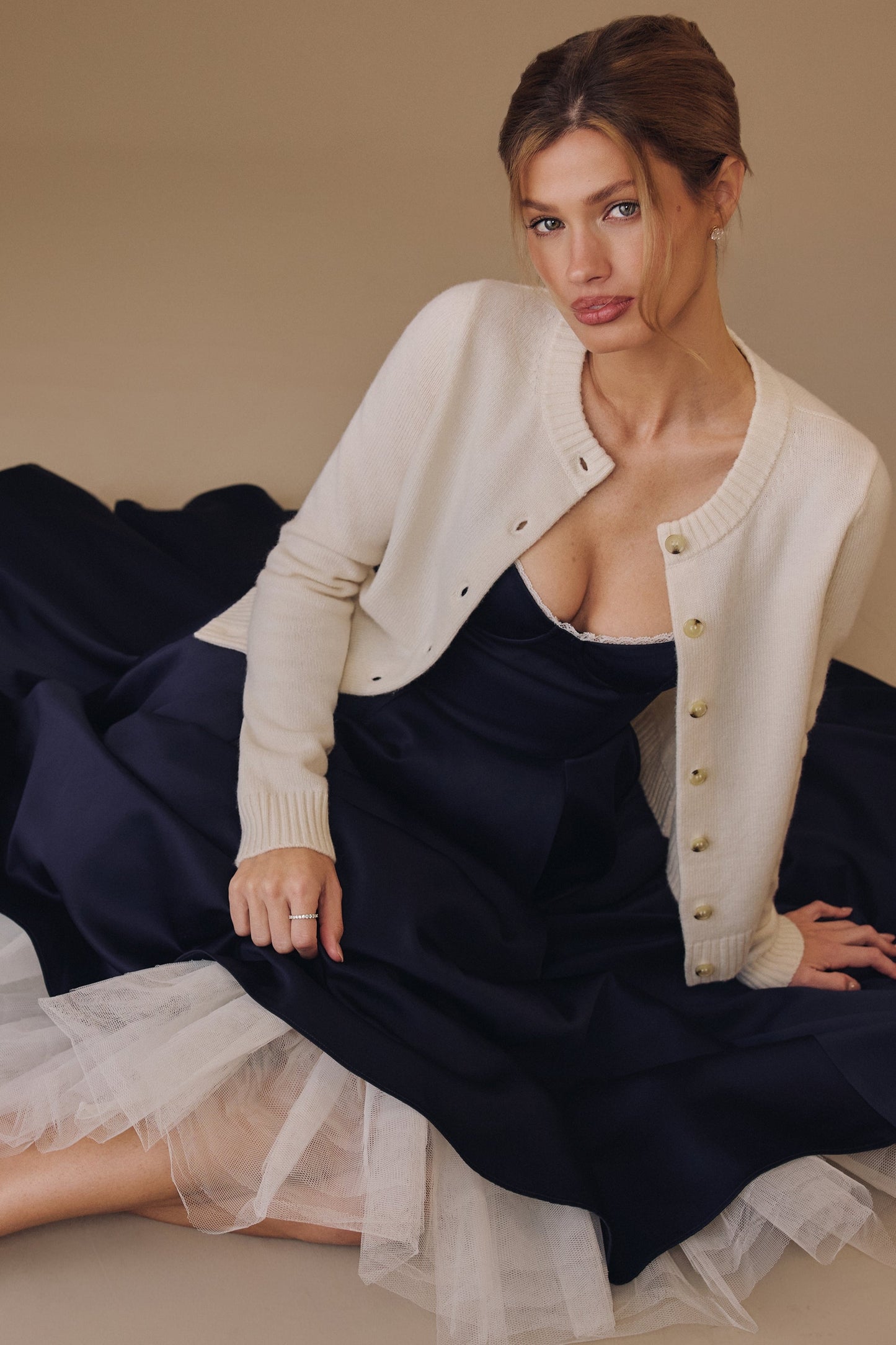 navy satin tulle midi dress