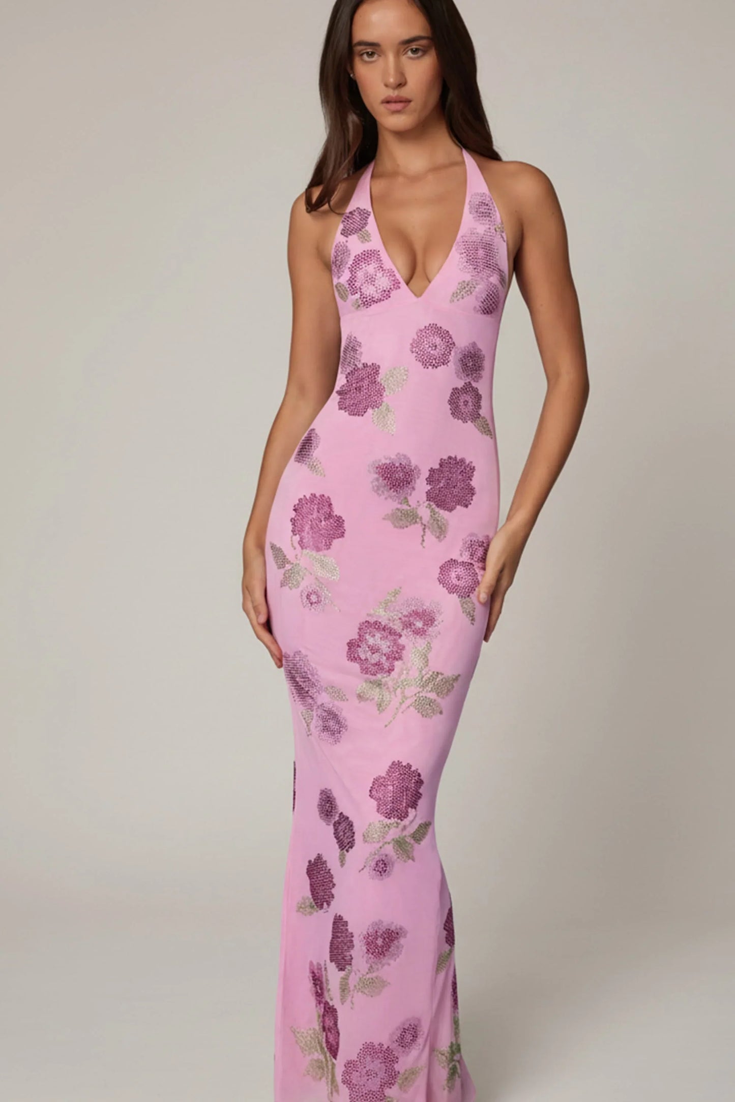 Embellished Halterneck Maxi Dress in Soft Pink