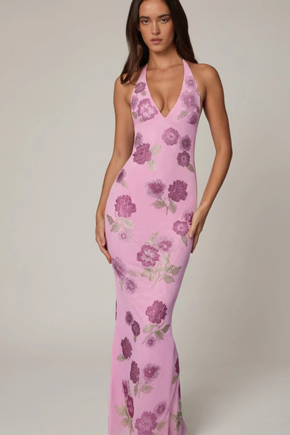 Embellished Halterneck Maxi Dress in Soft Pink