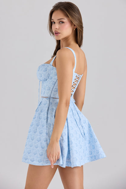 blue floral print stretch cotton mini dress