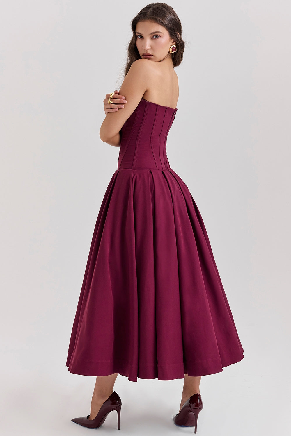 wine strapless midi dress