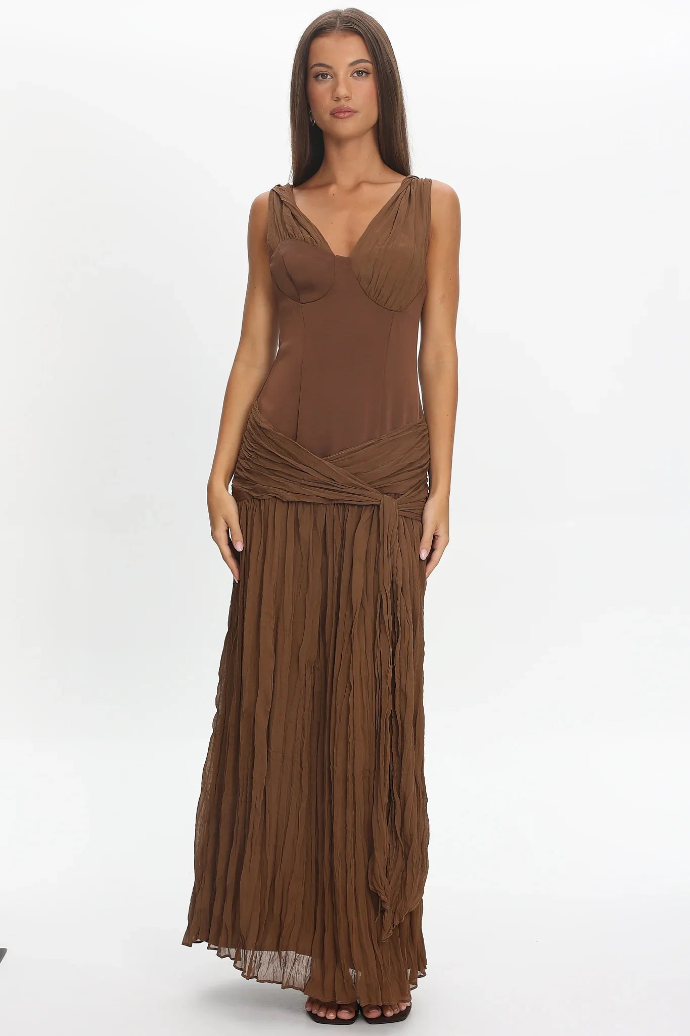 Keia Crepe Chiffon One-Shoulder Maxi Dress Chocolate
