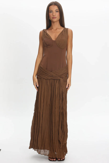 Keia Crepe Chiffon One-Shoulder Maxi Dress Chocolate