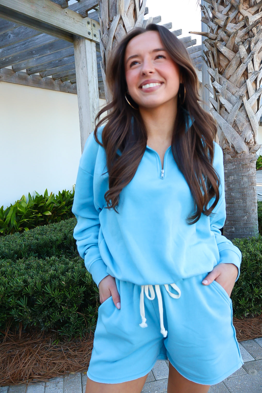 Half-Zip Pullover Lounge Shorts Set - Sky Blue