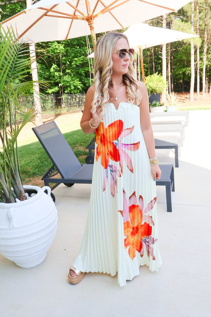 Strapless Pleated Floral Maxi Dress