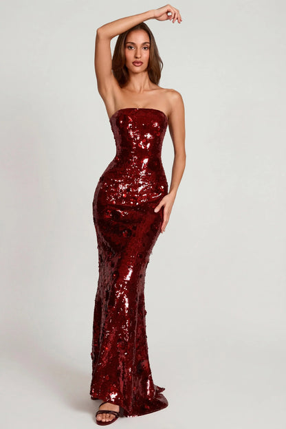 3D Embellished Bandeau Maxi Dress in Red