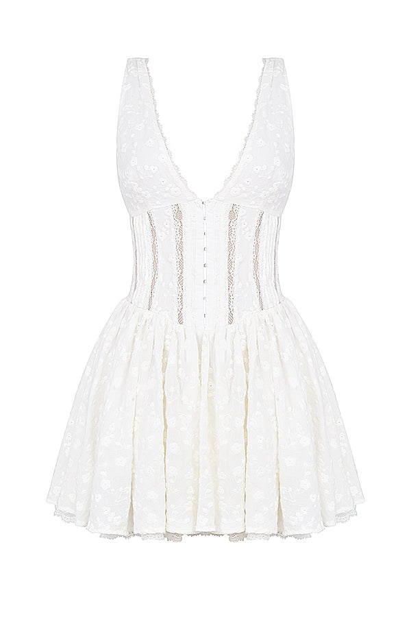 white cotton broderie anglais plunge mini dress