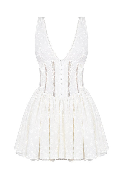 white cotton broderie anglais plunge mini dress