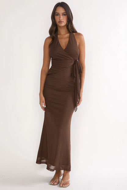 Halo Moon Wrap Front Halter Maxi Dress Chocolate