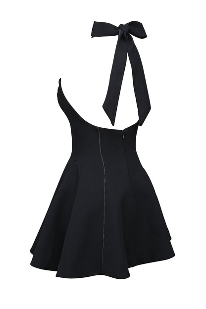 black halter neck bow mini dress