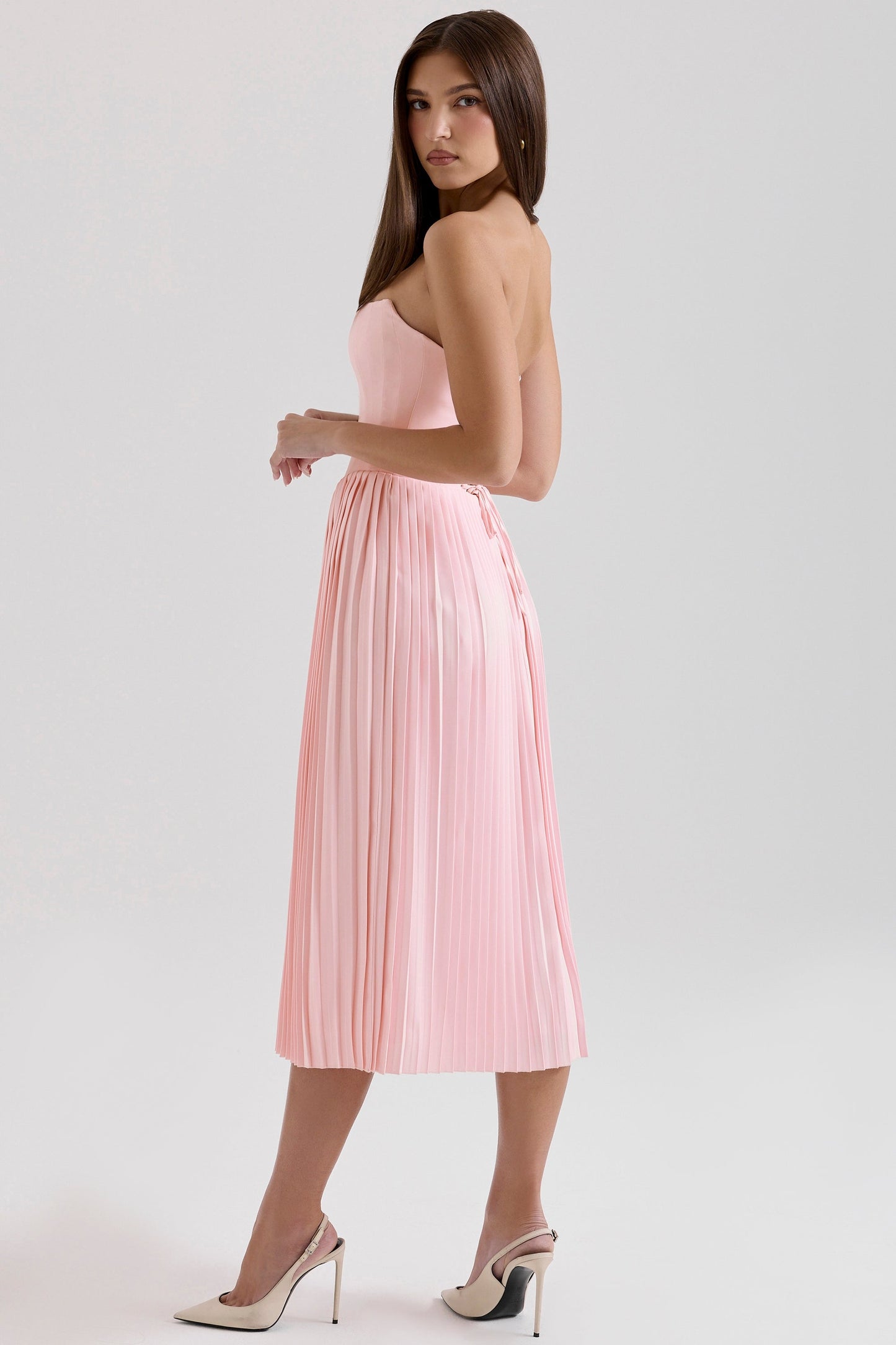 pink pleated midi corset dress