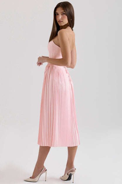pink pleated midi corset dress