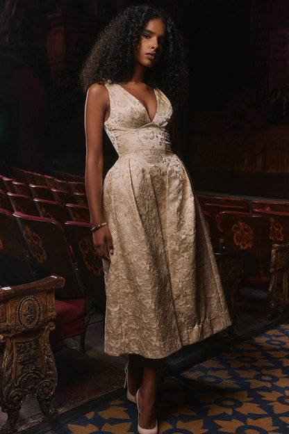 ivory metallic jacquard midi dress - sale