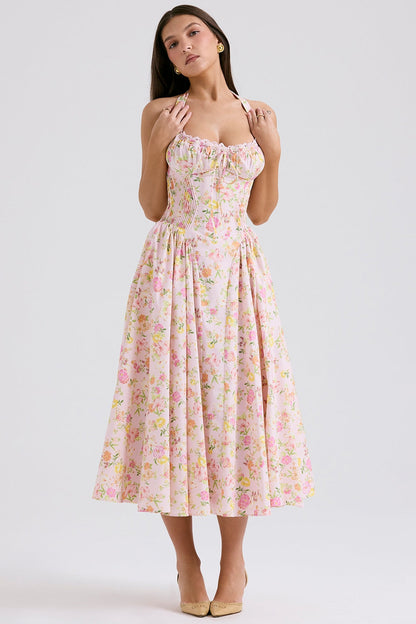 pink meadow print cotton halter midi sundress