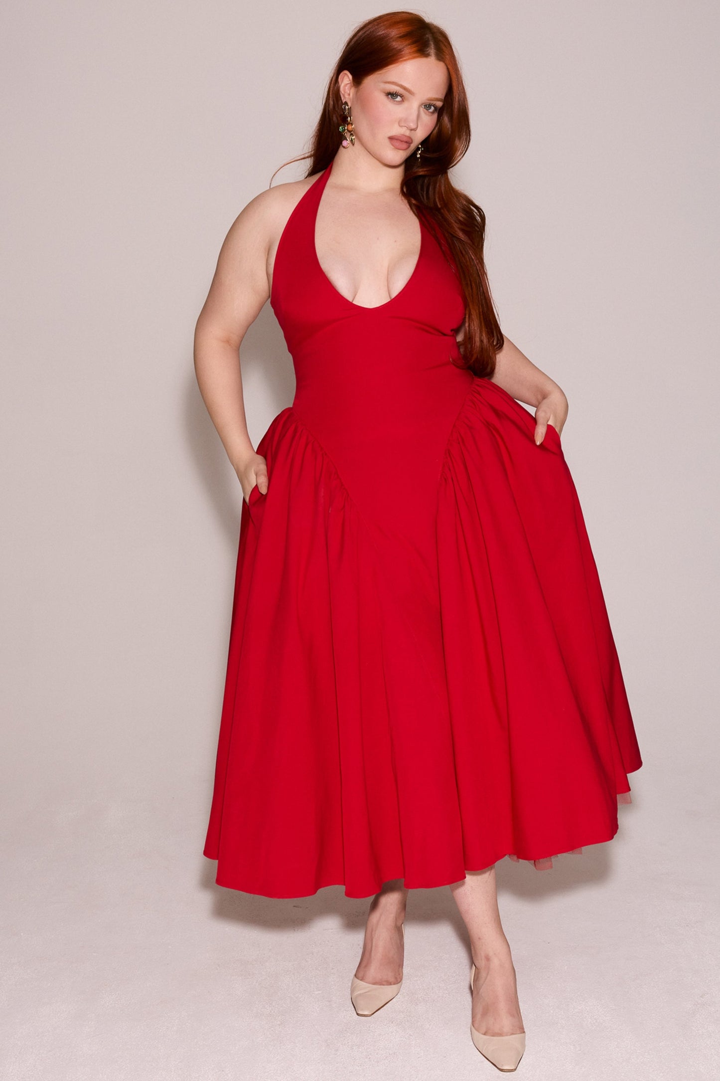 red twill halter midi dress