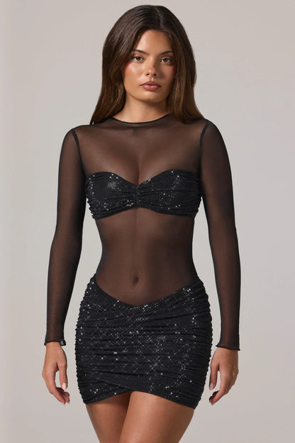 Sheer Embellished High-Neck Long Sleeve Mini Dress in Black