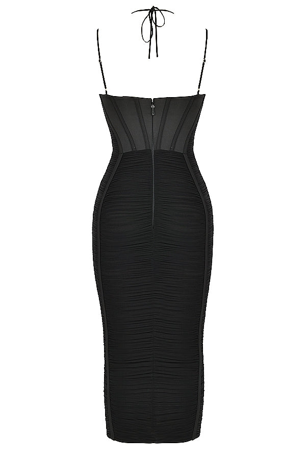 black ruched midi dress