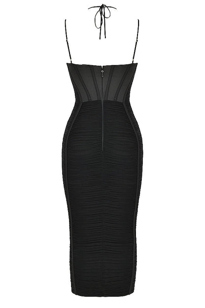 black ruched midi dress