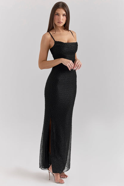 black pearl embellished maxi dress
