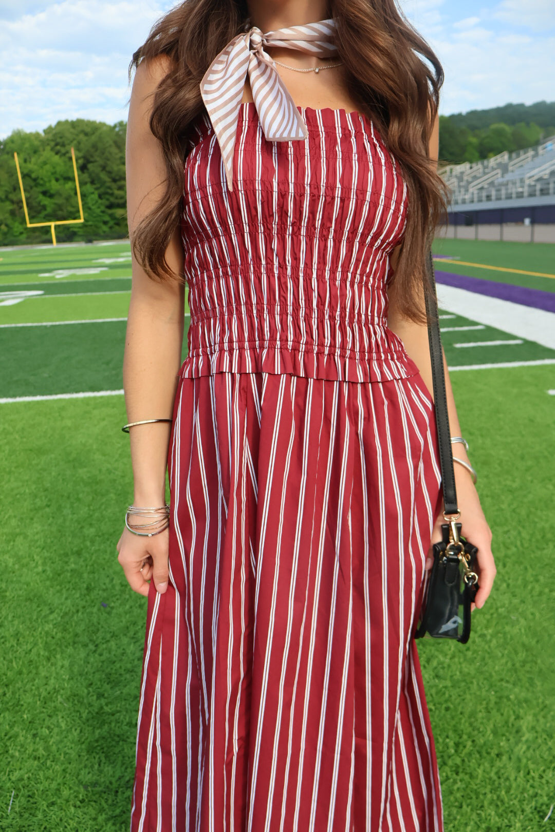 Maroon and White Striped Smocked Midi Dress
