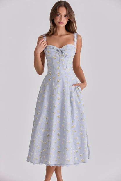 blue wildflower floral print midi dress