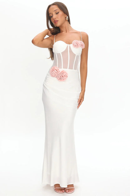 Ismera Sheer Bodice Rosette Maxi Dress White