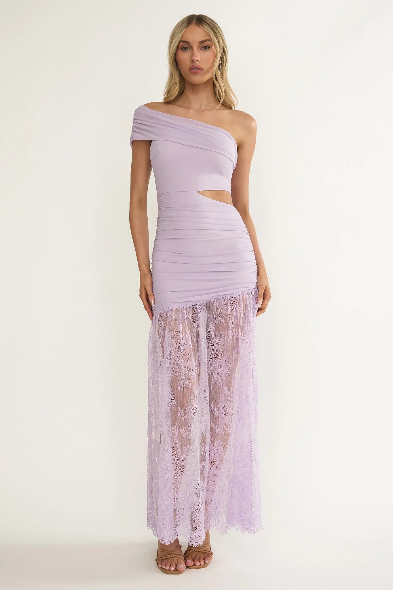 Gala Cut-Out Waist Lace Maxi Dress Lilac