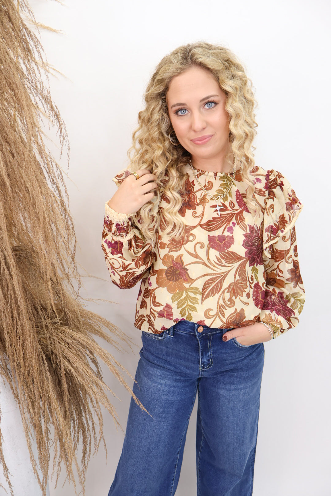 Burgundy & Rust Floral Ruffle Shoulder Top