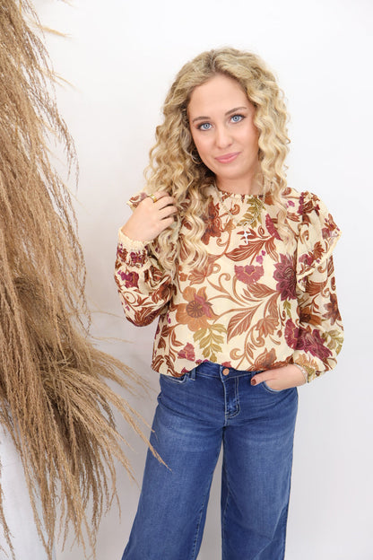 Burgundy & Rust Floral Ruffle Shoulder Top
