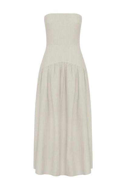 HEATHER MIDI DRESS - STONE PINSTRIPE