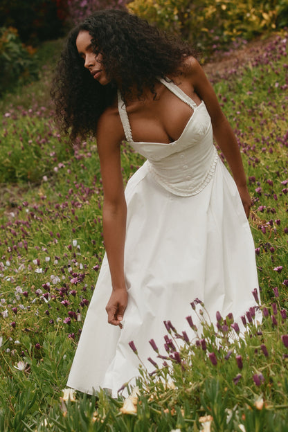white stretch cotton halter neck midi dress