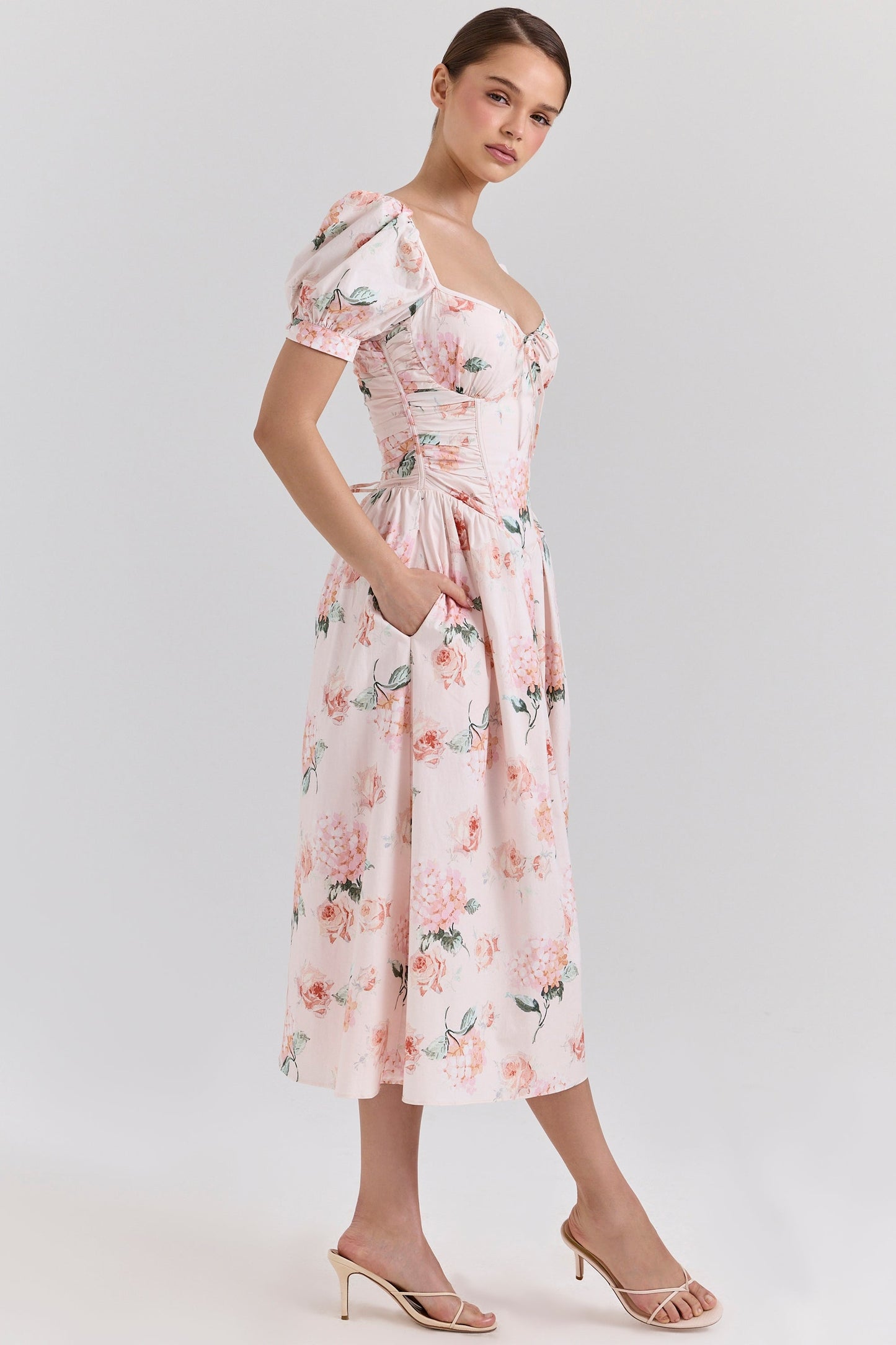 peach floral cotton puff sleeve midi dress