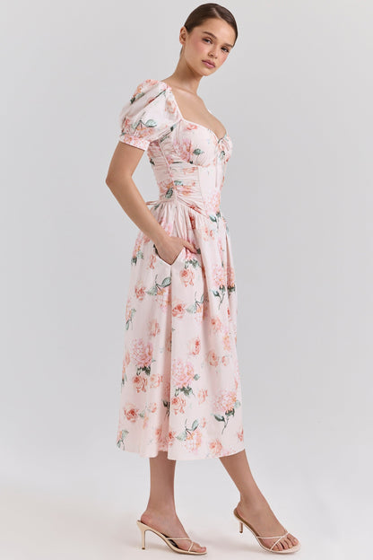 peach floral cotton puff sleeve midi dress