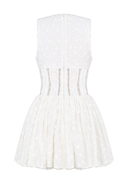 white cotton broderie anglais plunge mini dress