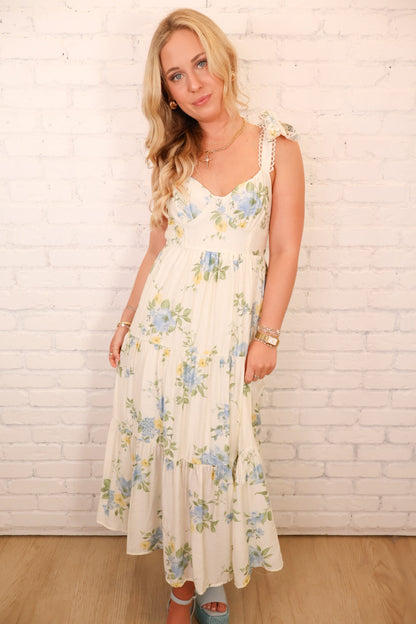 Blue Floral Tiered Shoulder Tie Midi Dress