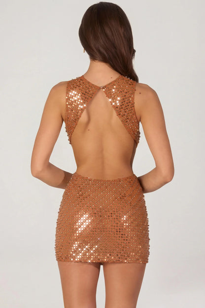 Embellished High-Neck Mini Dress in Bronze