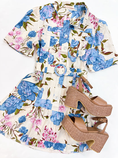 Blue Floral Linen Blend Belted Shirt Dress