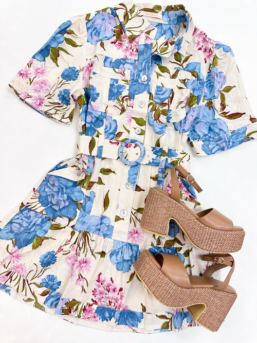 Blue Floral Linen Blend Belted Shirt Dress