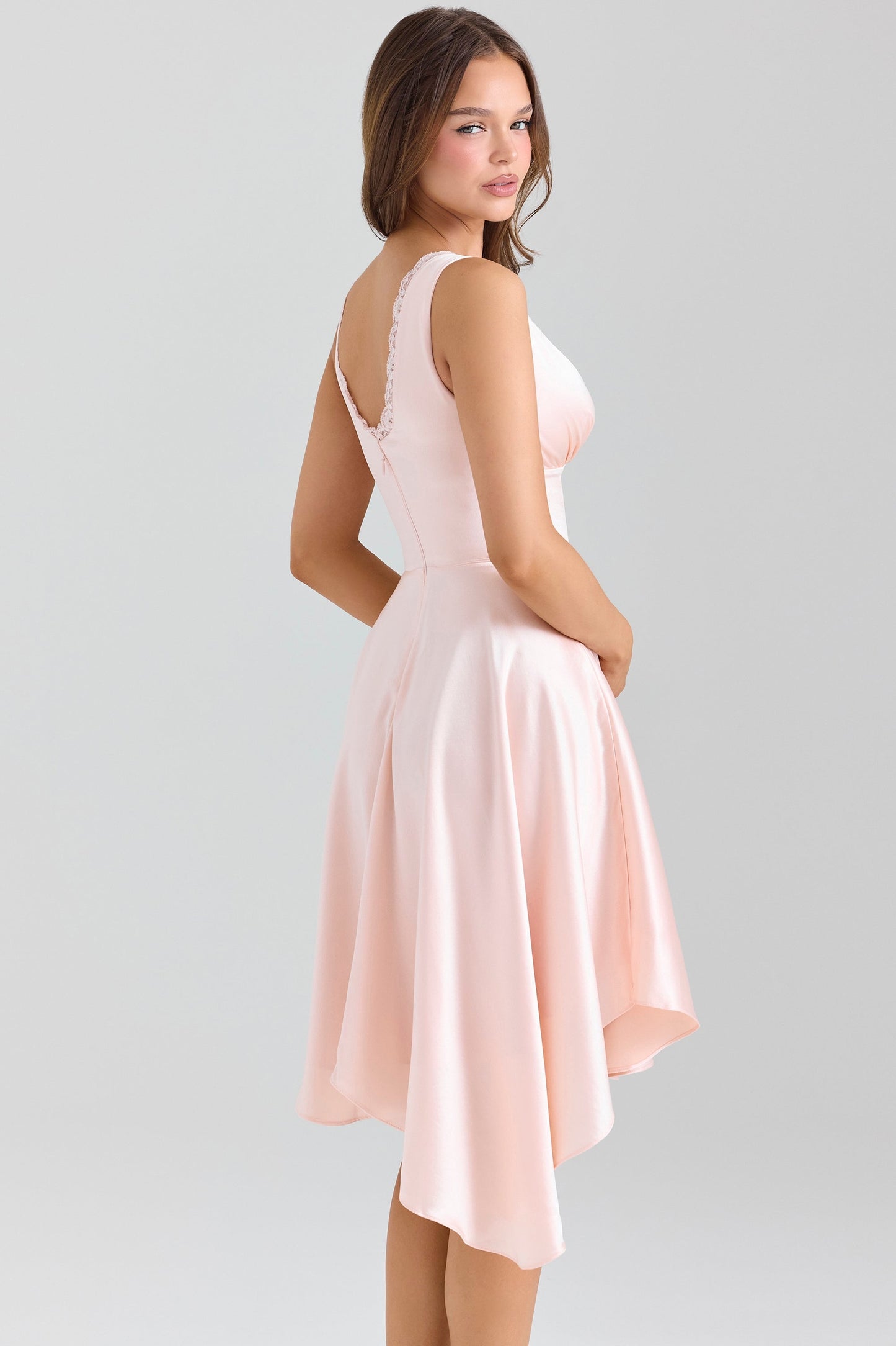 pink satin asymmetric handkerchief hem midi dress