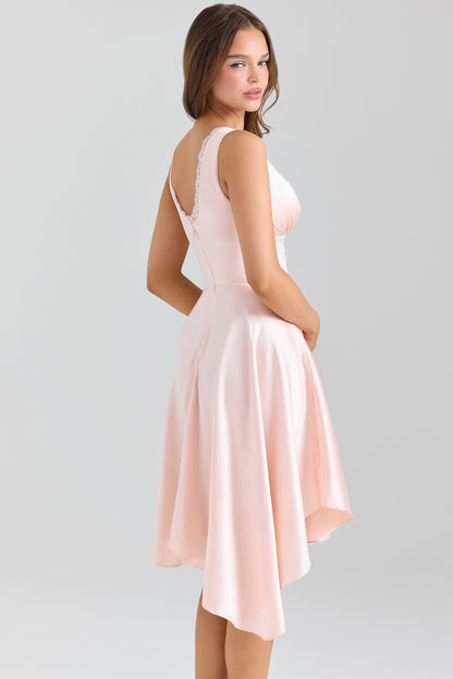 pink satin asymmetric handkerchief hem midi dress