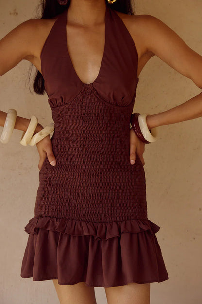 FLEUR SHIRRED HALTER MINI DRESSS - CHOCOLATE