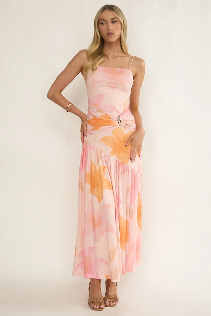 Azure Sun Drop Waist Split Maxi Dress Print Orange