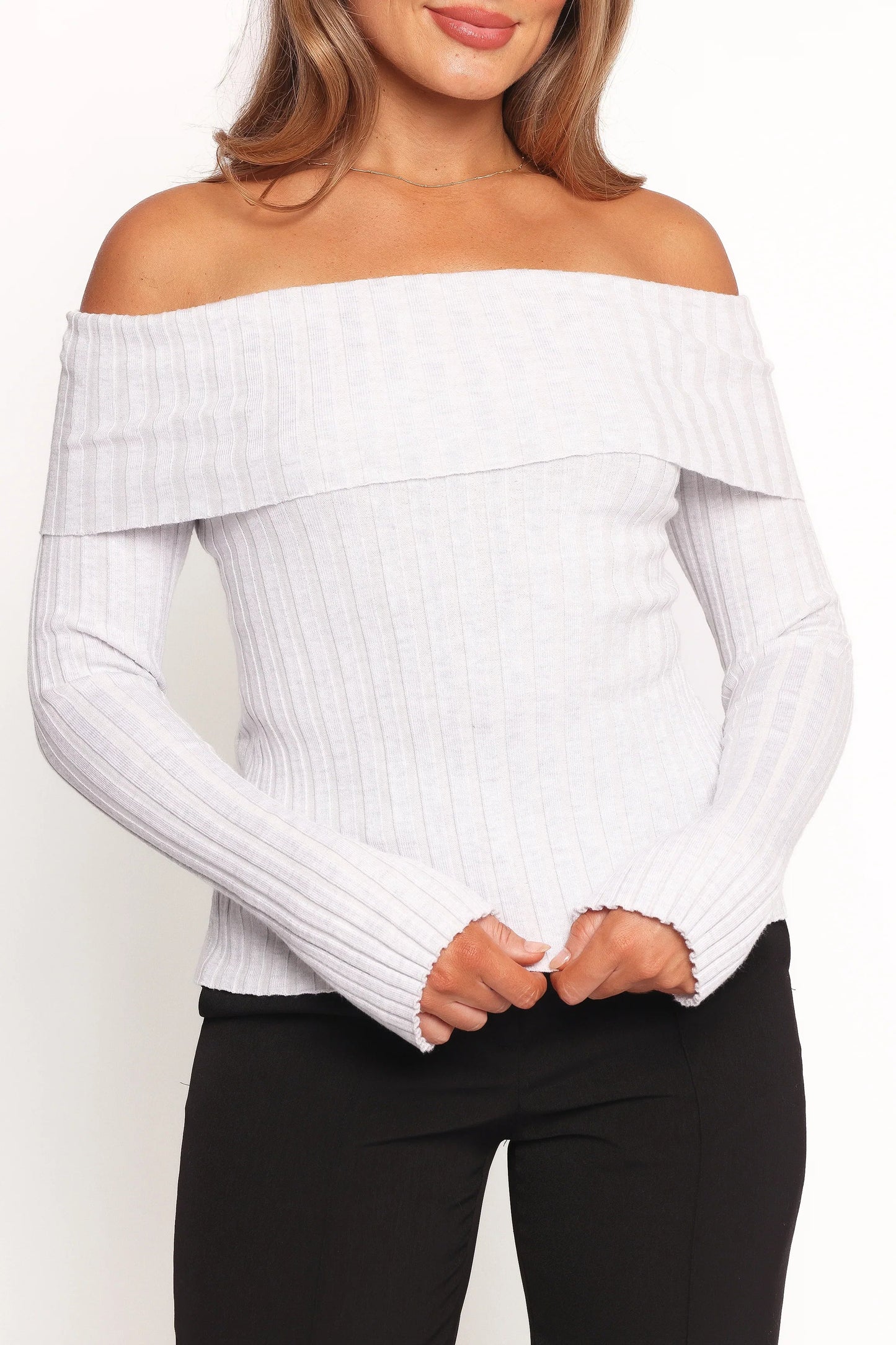 Anderson Wide Rib Off Shoulder Top - Pastel Grey