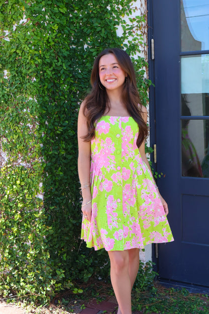 Square Neck Floral Eyelet Dress - Lime/Pink