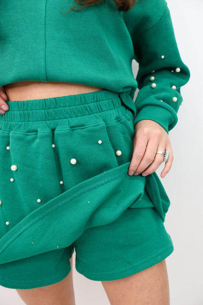 Pearl Embellished Casual Skort Set - Green