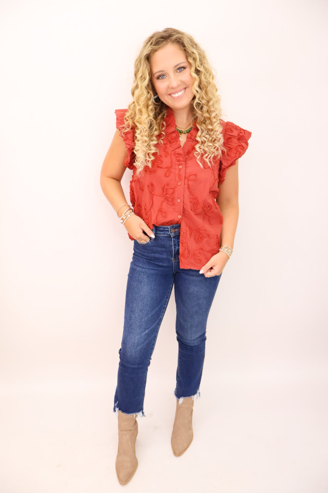 Textured Floral Ruffle Sleeve Top - Rust