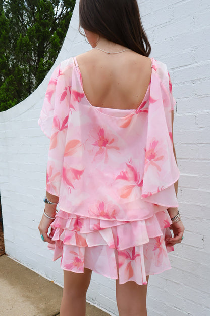 Pink Floral Cape Mini Dress