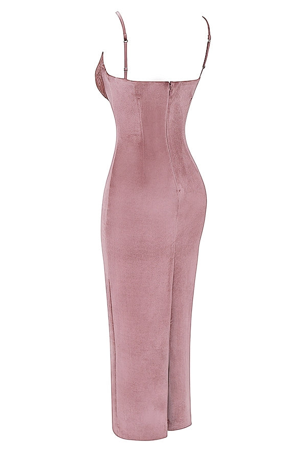 soft pink velvet midi dress