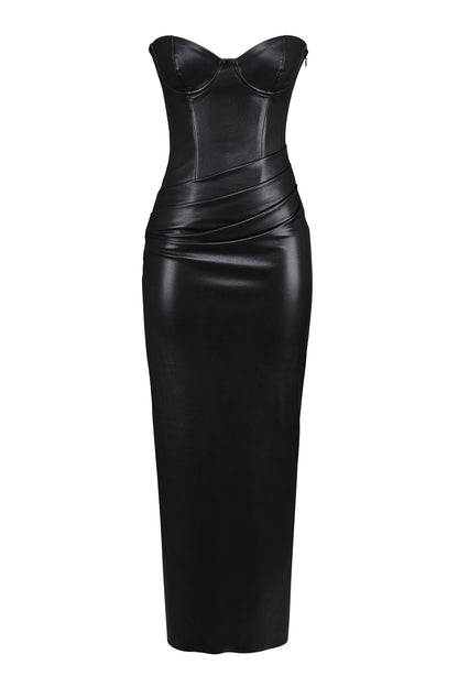 black strapless vegan leather midi dress