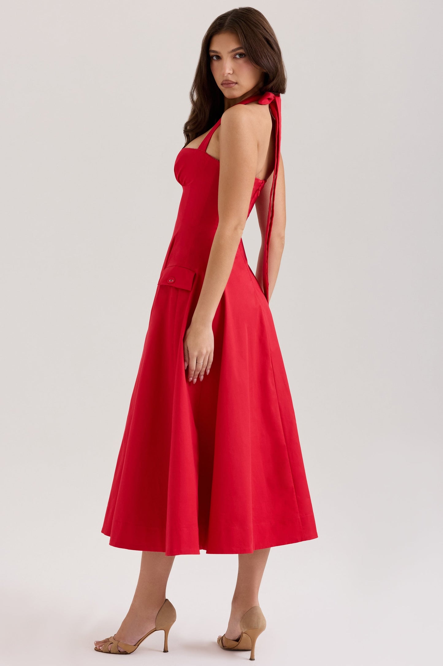 red stretch cotton button halter neck midi dress